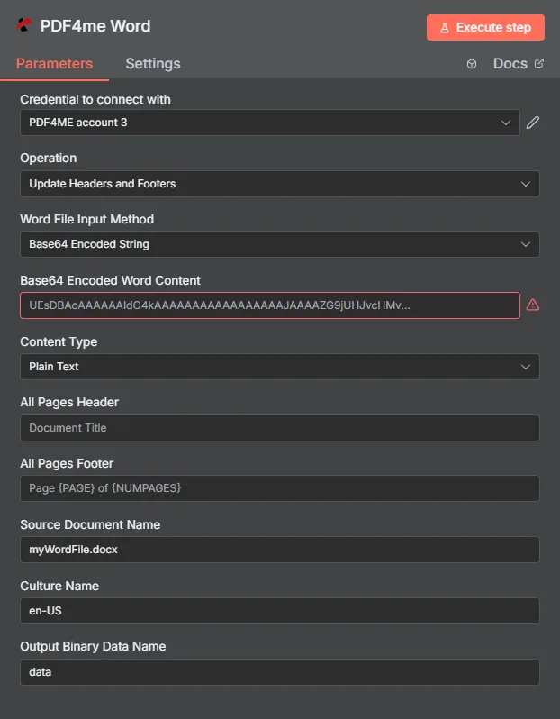 Clique para ampliar O nó "Atualizar cabeçalhos e rodapés em documento do Word" do n8n PDF4me mostra o Tipo de Dados de Entrada definido como Dados Binários, o Campo Binário de Entrada referenciando o nó anterior, o Nome do Documento do Word definido como report.docx, o Cabeçalho de Todas as Páginas com conteúdo HTML em div, o Rodapé de Todas as Páginas mostrando a Página PAGE de NUMPAGES e o Nome da Cultura definido como en-US.